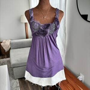 2000s B'leev Purple Tank Top 3D Floral Appliqué Beaded Embellishments Size M